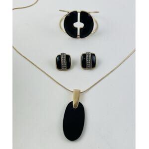 Costume Jewelry Set Black Gold tone 80s Elegant Earrings Necklace Cuff Bracelet